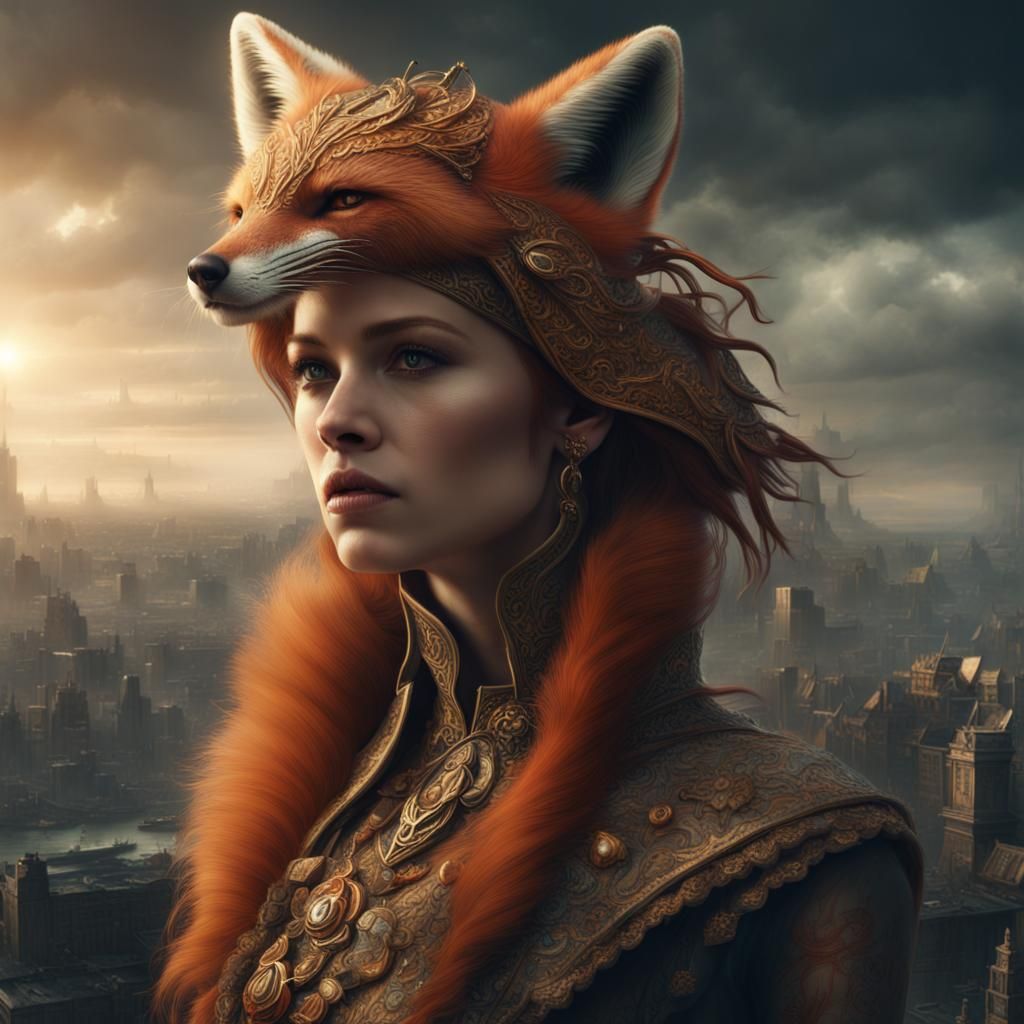 Dramatic Fox Woman Digital Matte Painting