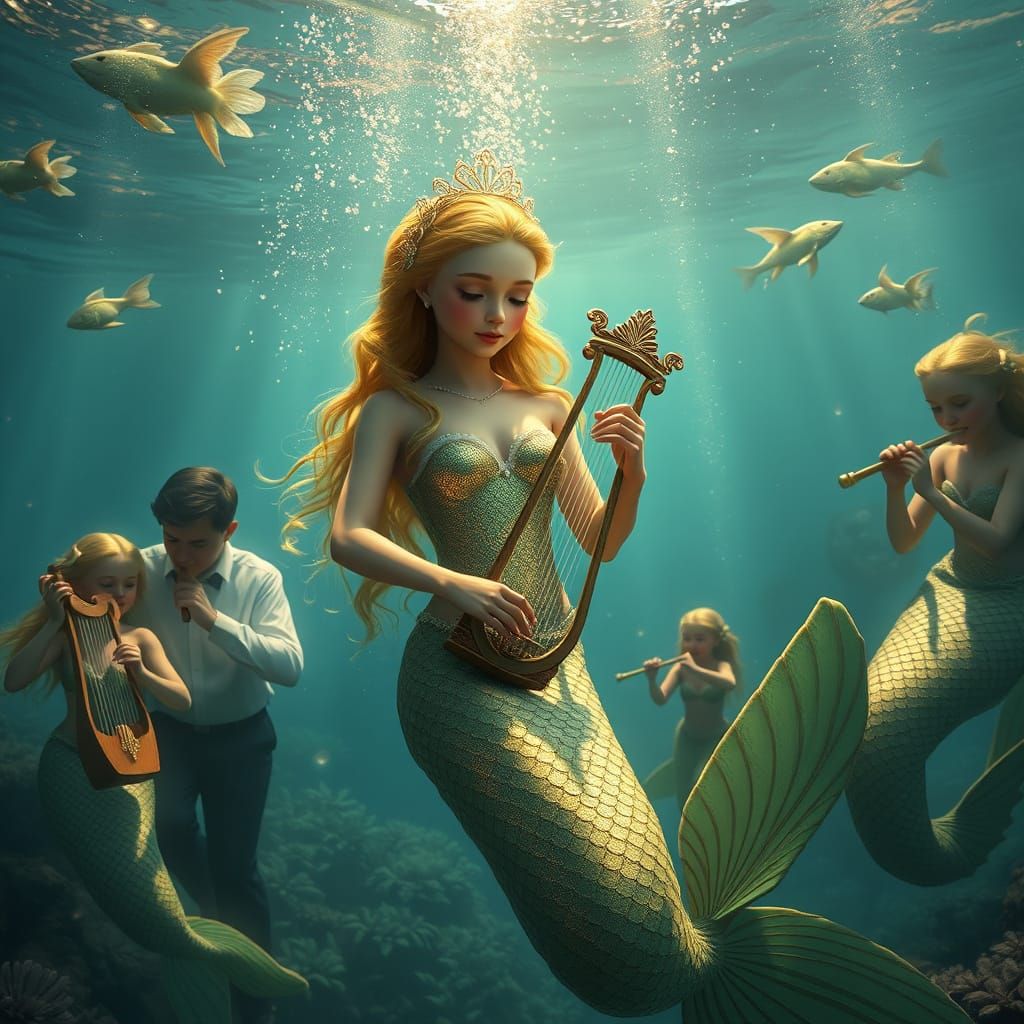 Mermaid Family Enchants Underwater with Musical Instruments