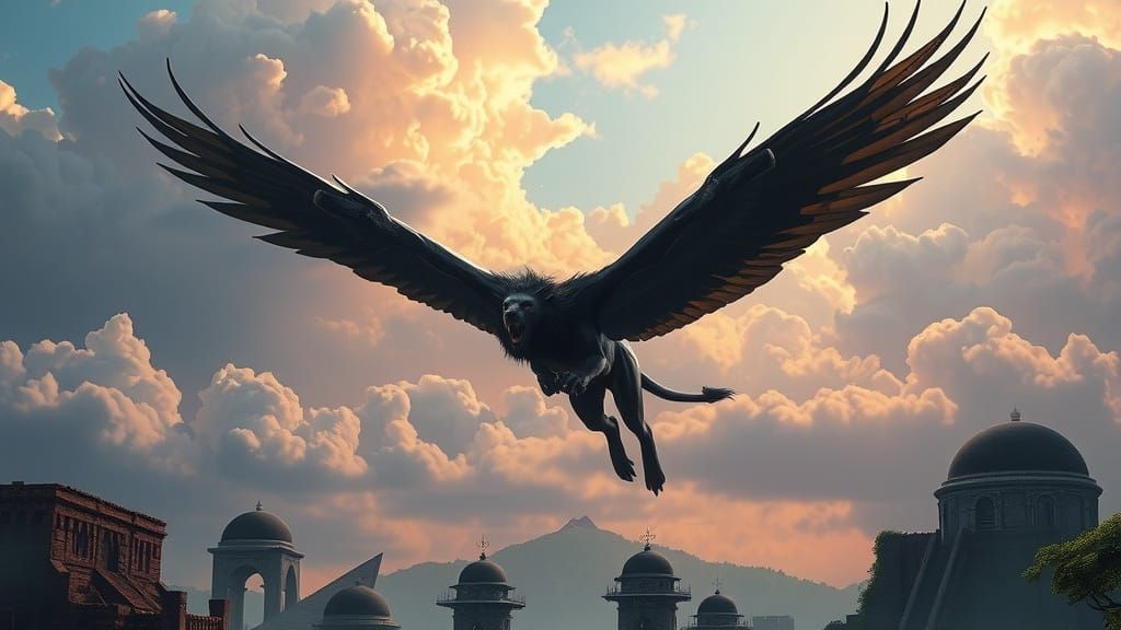 Majestic Winged Black Lion Soars Over Hidden City