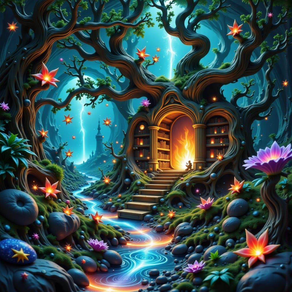 Bioluminescent Cavern Library in Dreamlike Style