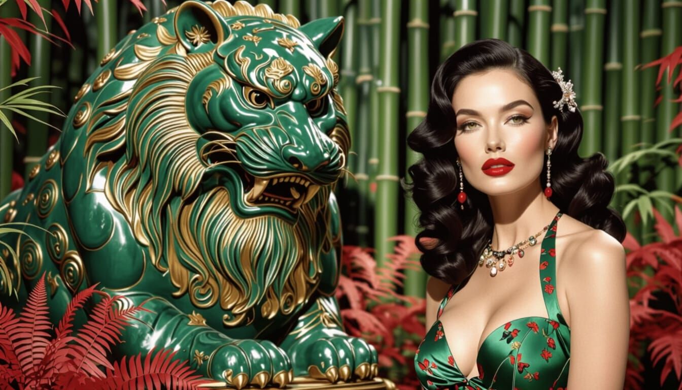 French Woman in Cheongsam Beside Emerald Tiger Sculpture
