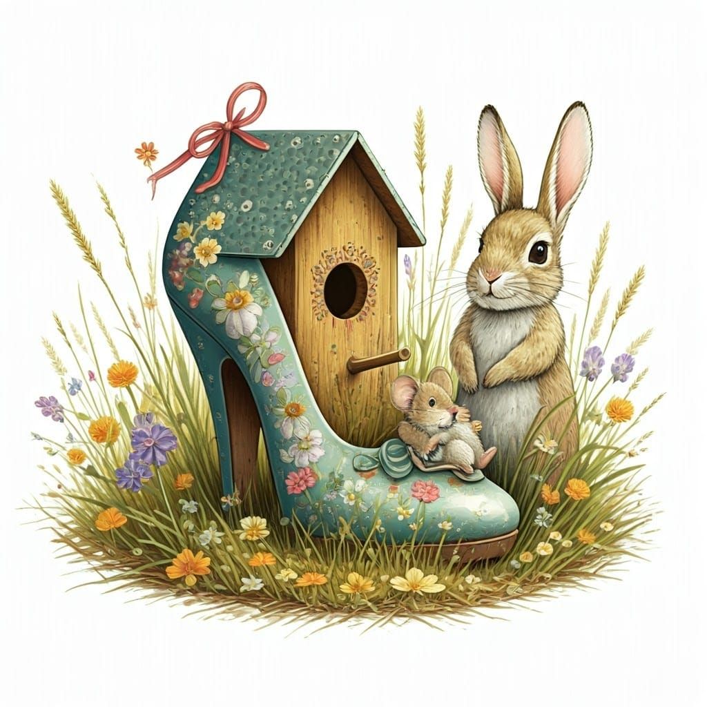 Vintage Shoe Birdhouse in Whimsical Meadown Scene