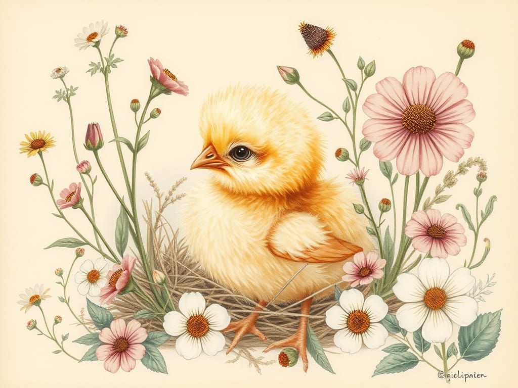 Chick Among Flowers in Watercolour Style