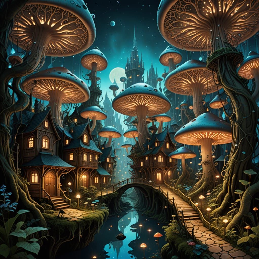 Surreal City Rises from Bioluminescent Forest in Fantastical...