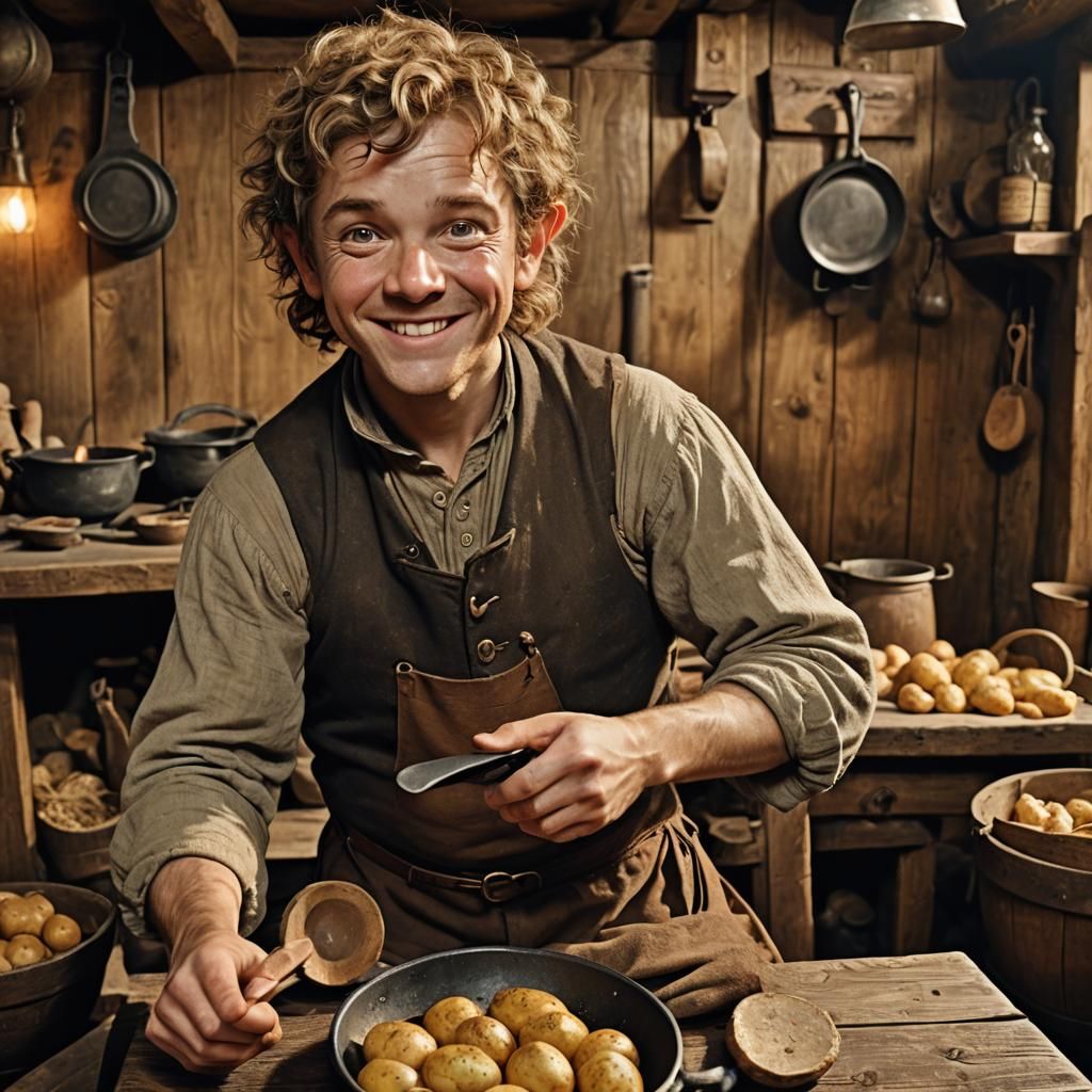 Halfling Rogue in Tavern with Potato and Pan