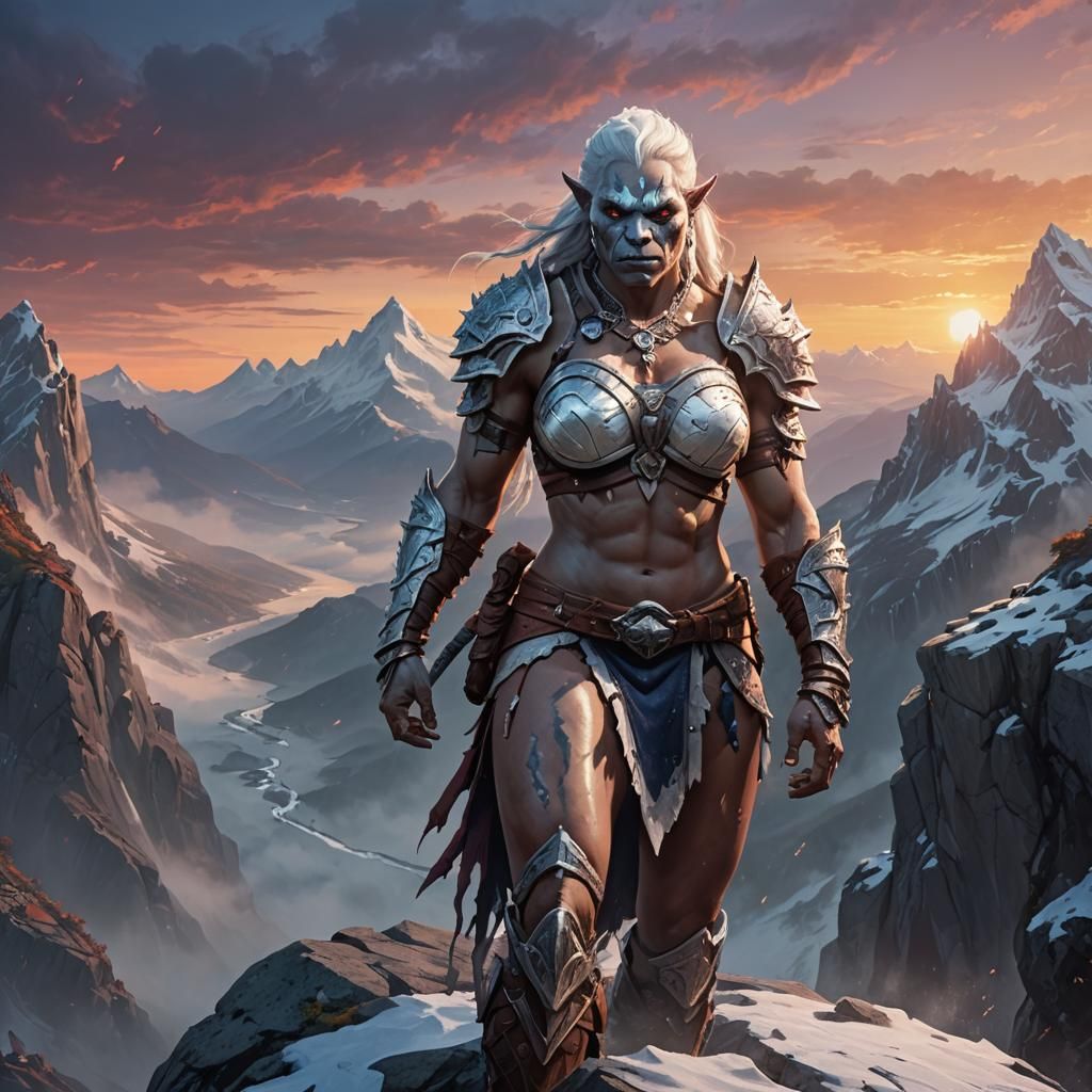 White Orc Warrior on Mountain Cliff in Fantasy Art