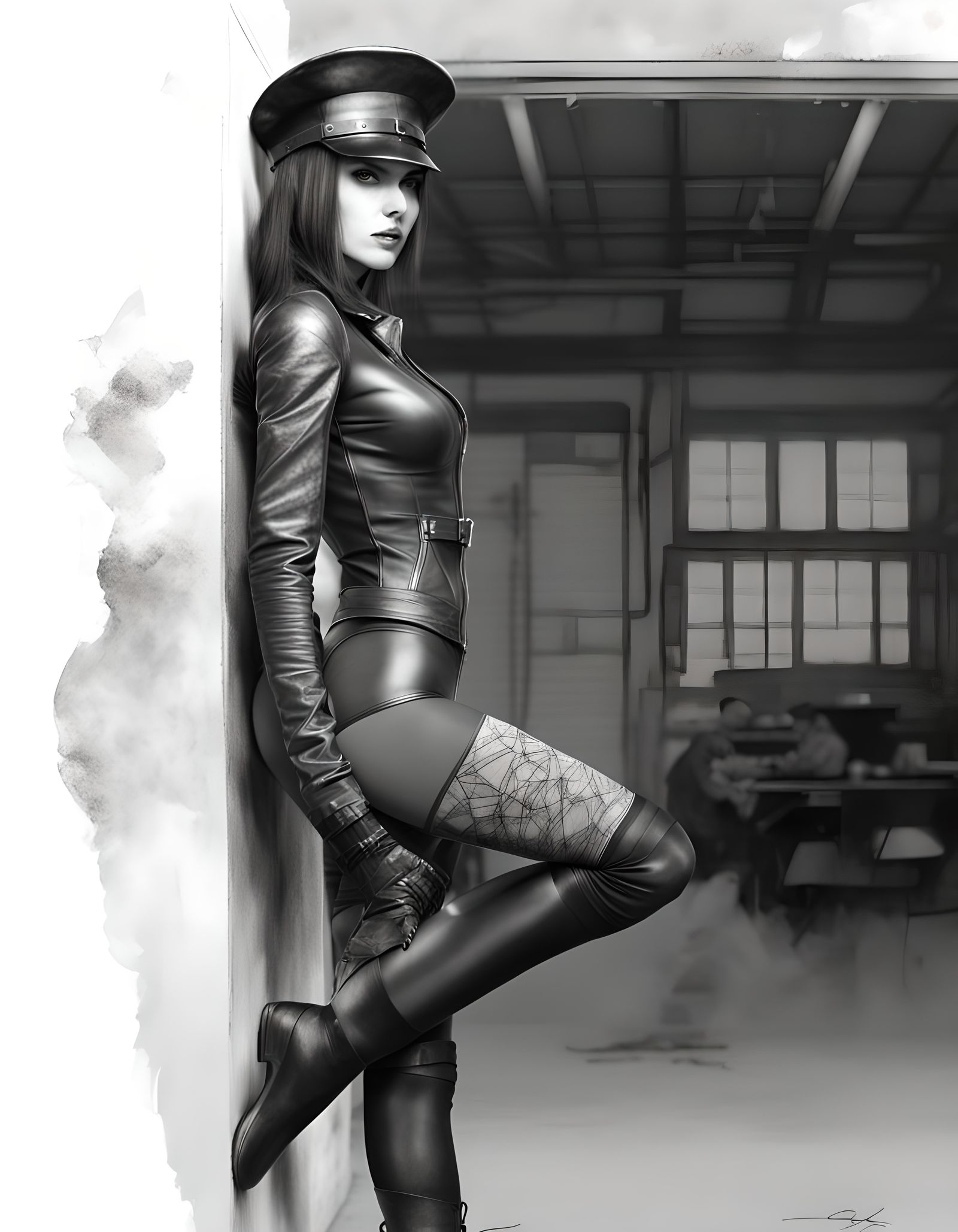 Gothic Woman in Leather: Charcoal Pencil Sketch