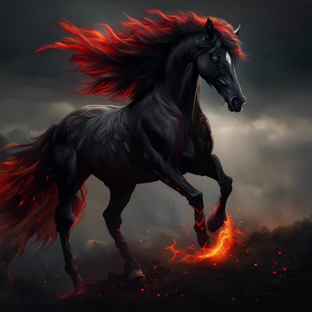 Epic Black Horse with Fiery Mane