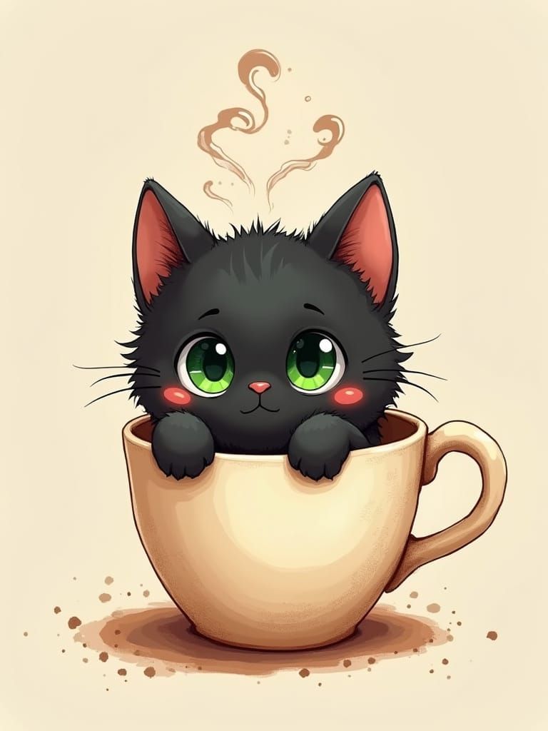 Cute Black Kitty Sips Coffee in Whimsical Digital Art