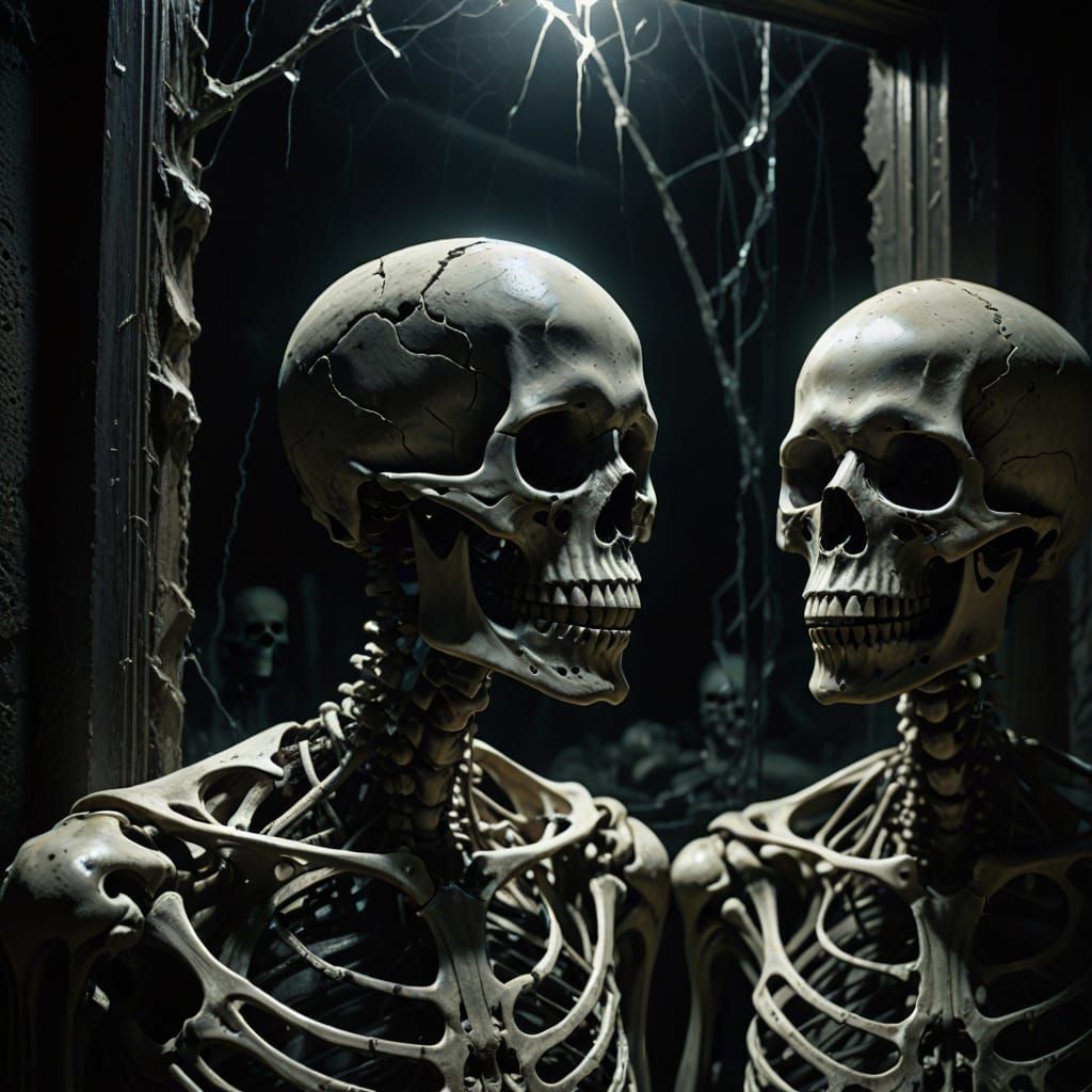 Surreal Skeletons in Darkness with Glowing Eyes
