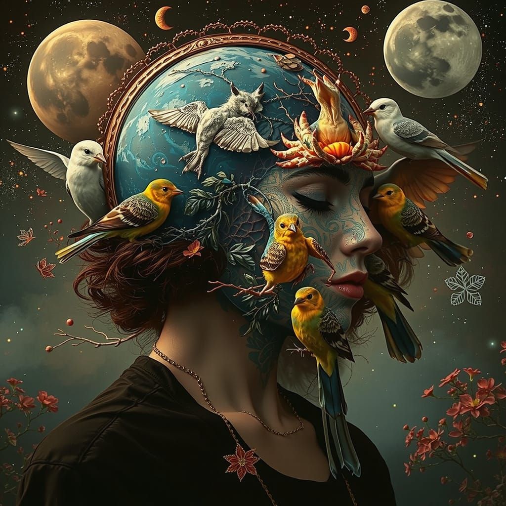 Woman Merging with Nature and Birds, Ethereal Concept Art
