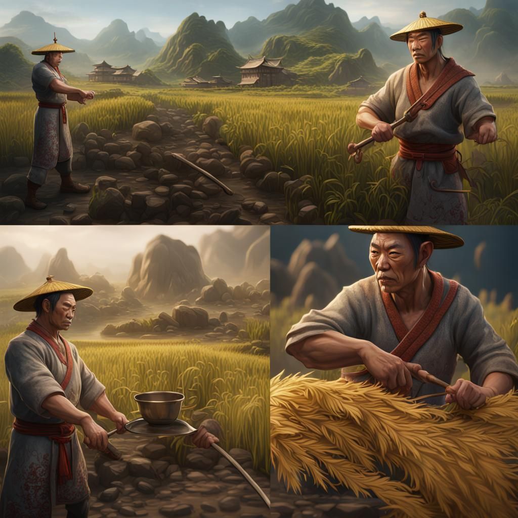 Detailed Matte Painting of a Buff Rice Farmer