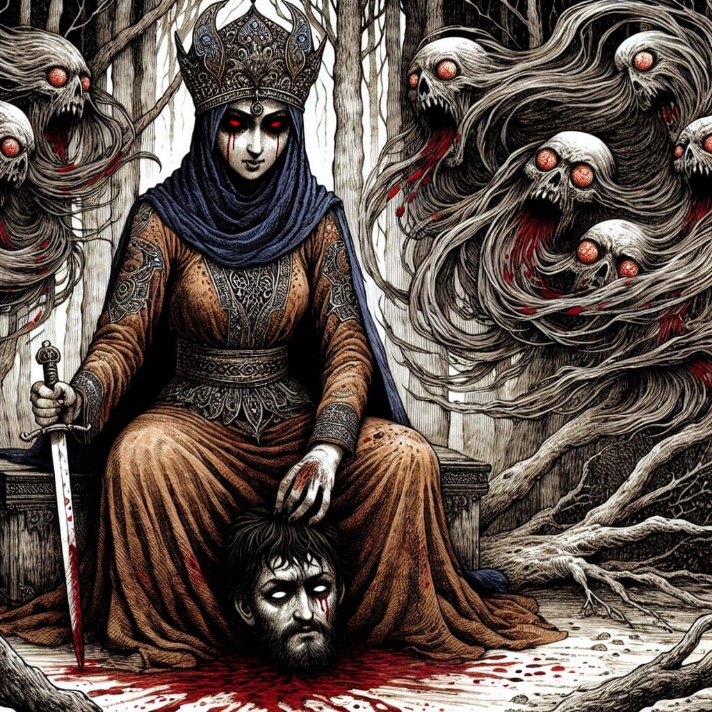 Eerie Forest Scene: Woman with Sword in Watercolor Style