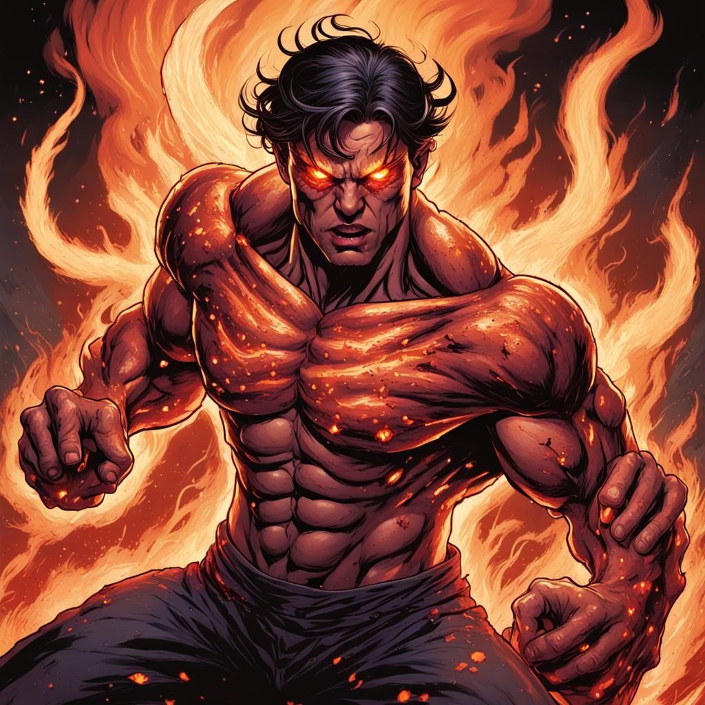 Bodybuilder Battling Demons in Comic Book Style