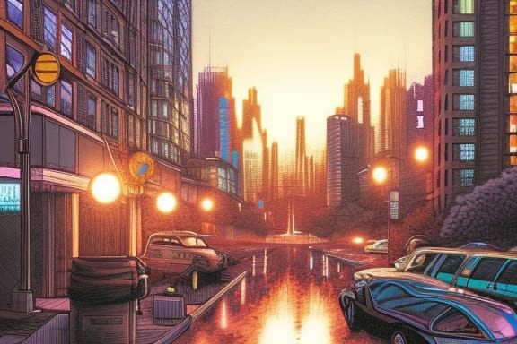lo-fi cityscape at night Mark Brooks and Dan Mumford, comic book art, perfect, smooth