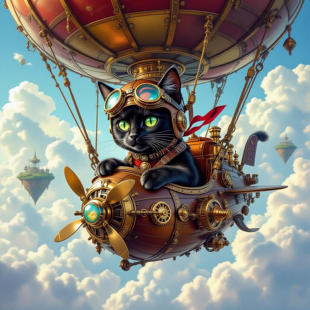 Steampunk Cat Pilot in Airship Fantasy Landscape