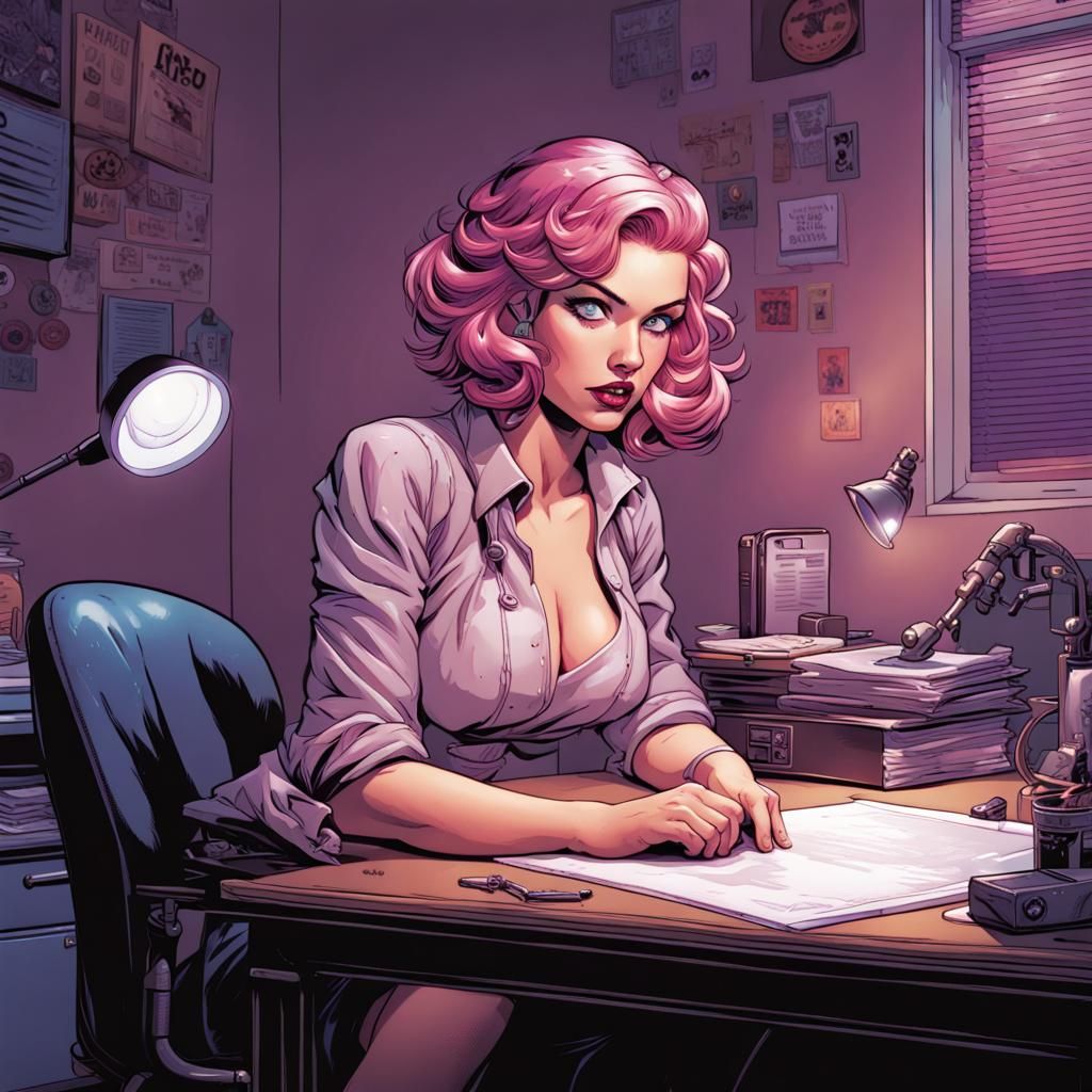 Pink-Haired Woman at Desk in Comic Book Style