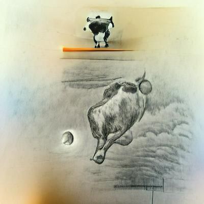 Cow Jumping Over the Moon Pencil Sketch
