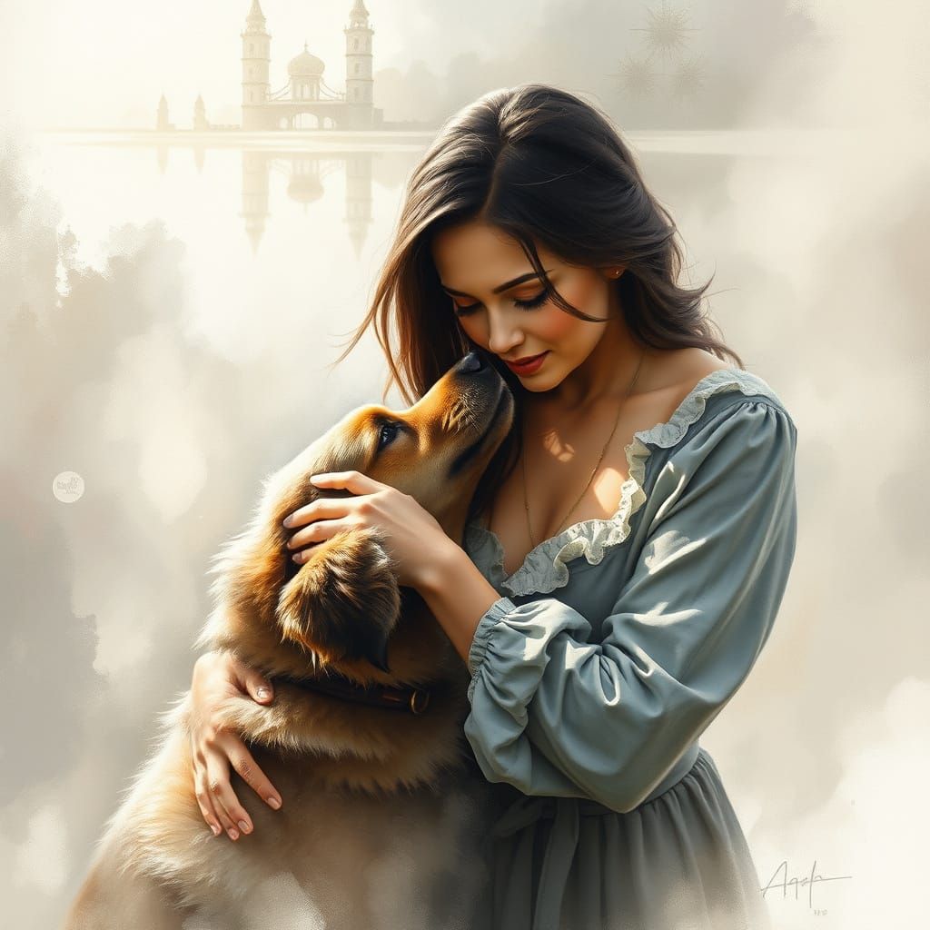 Woman and Dog in Ethereal Gouache Charcoal Drawing