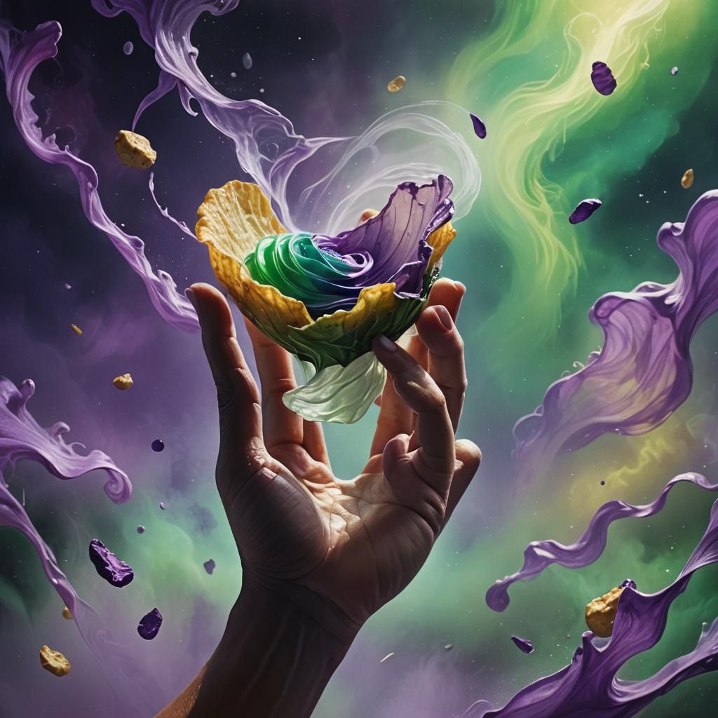 Invisible Chip Held in Surreal Iridescent Mist