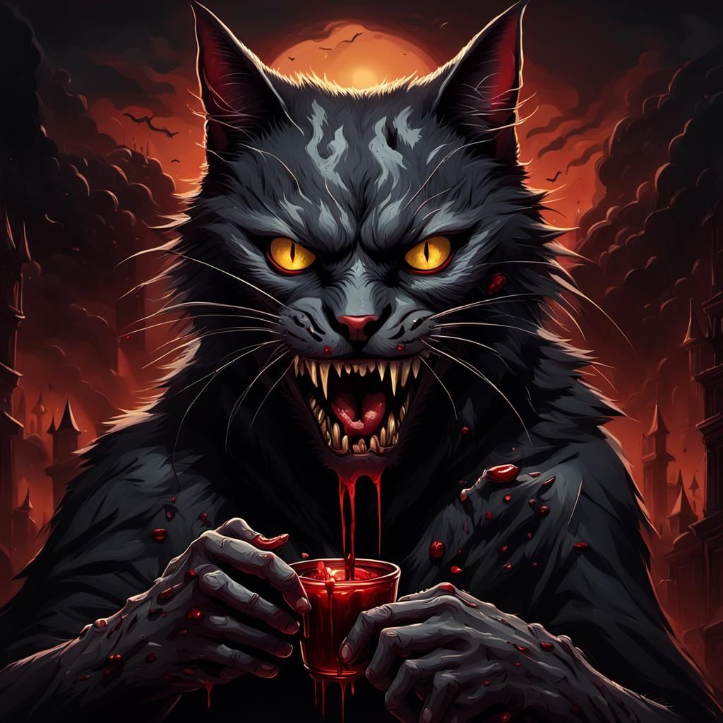 Black Cat Humanoid Devouring a Human in Dark Fantasy Style