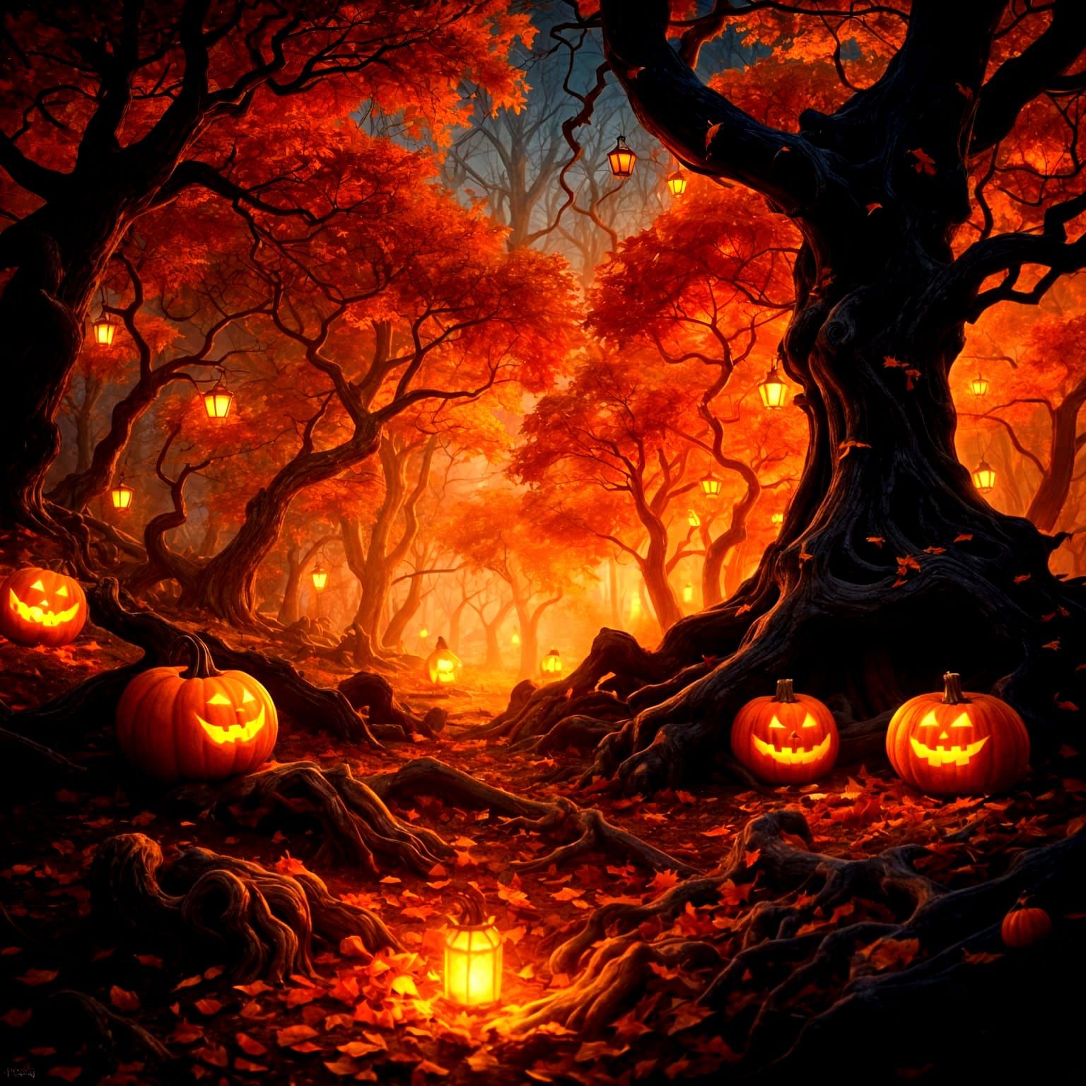 Eerie Halloween Woods in Impressionist Style