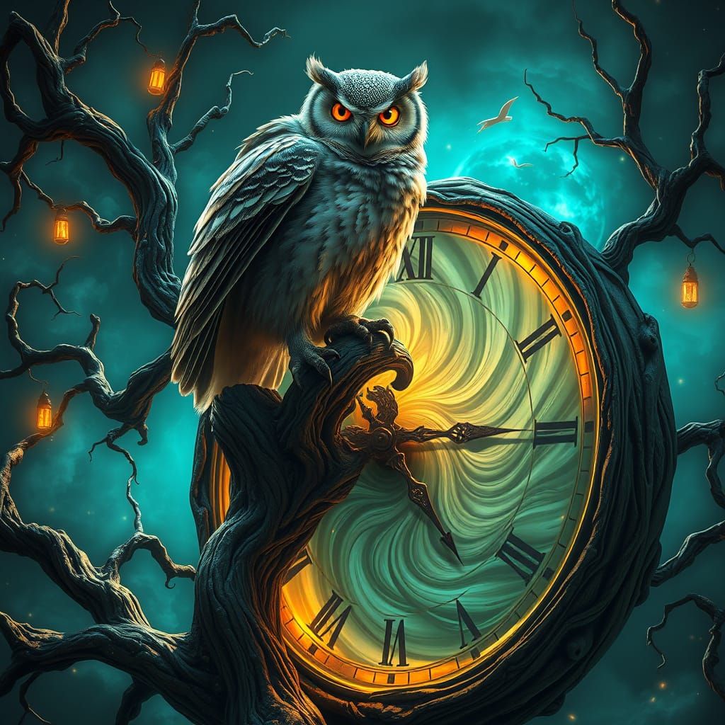 Majestic Owl Perched on a Twisted Clock in a Dreamlike Surre...