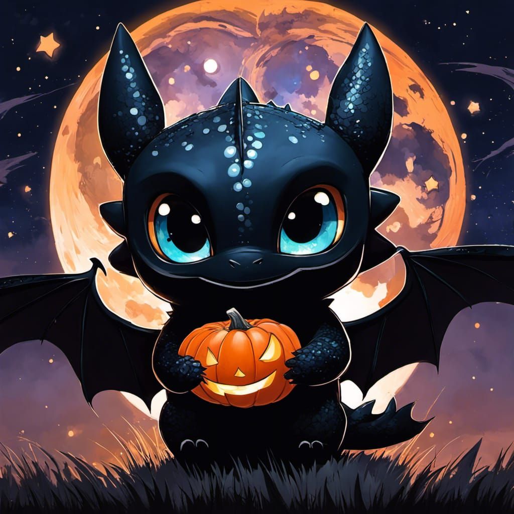 Chibi Toothless with Pumpkin Moon in Bioluminescent Field