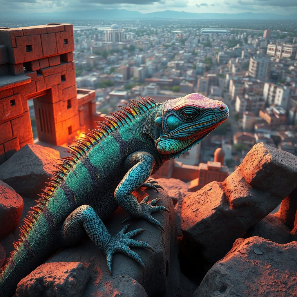 Iridescent Iguana Amidst Runic Ruins in Uruguay's Suburban L...