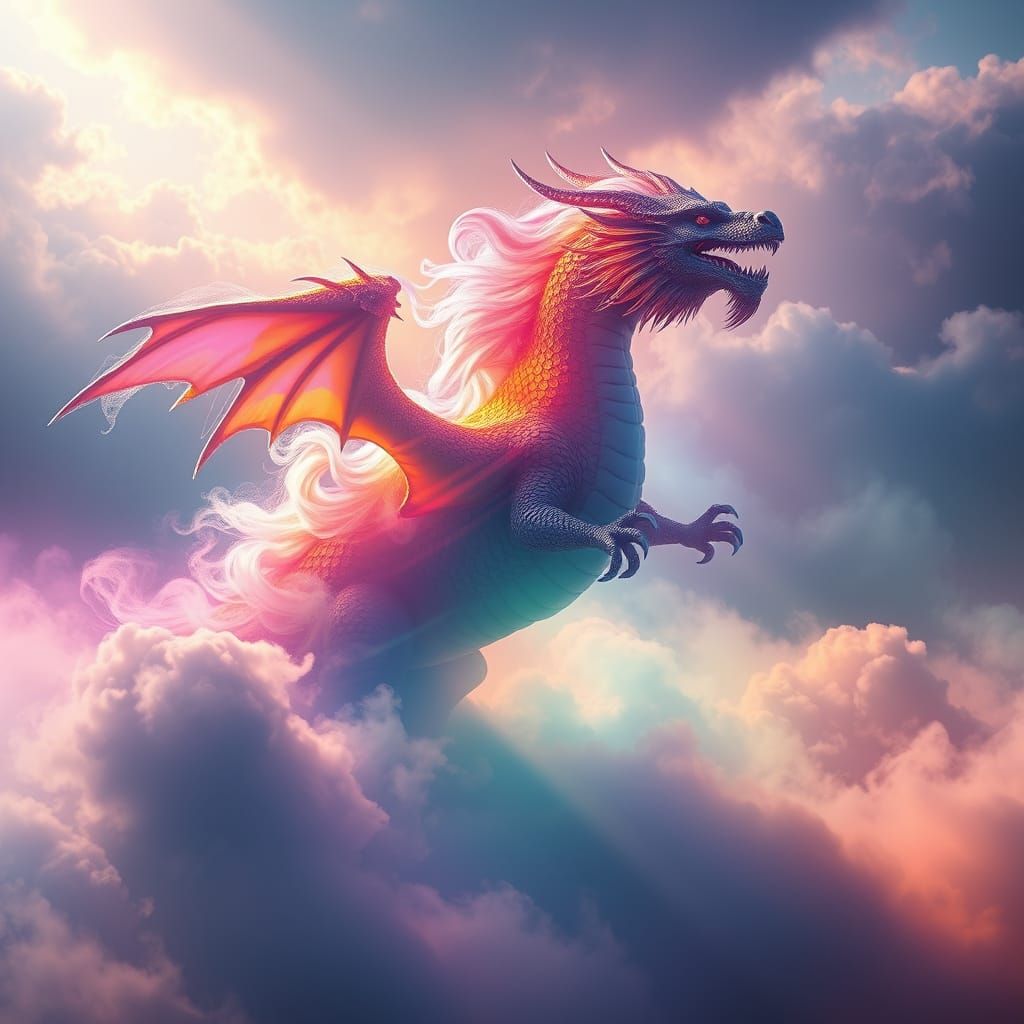 Majestic Rainbow Fog Dragon Emerges From Stormy Clouds