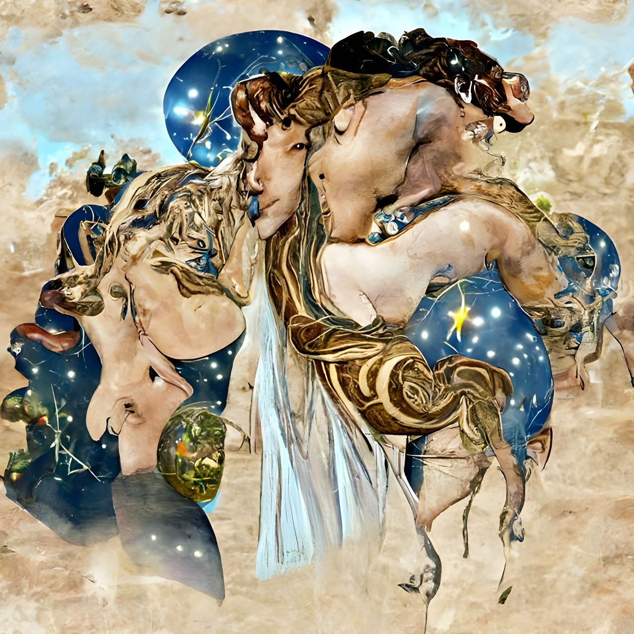 Venus and Mars Embrace in Art Nouveau Style