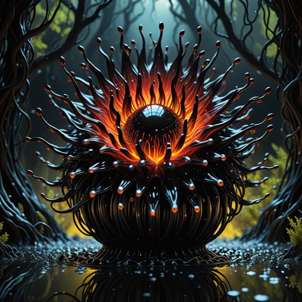 Ethereal Ferrofluid Entity in Vibrant Bioluminescent Abyss