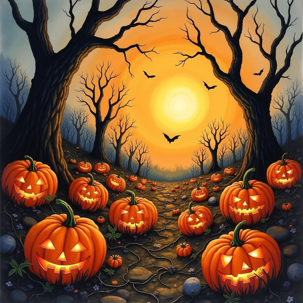 Haunted Pumpkin Patch Watercolor at Sunset