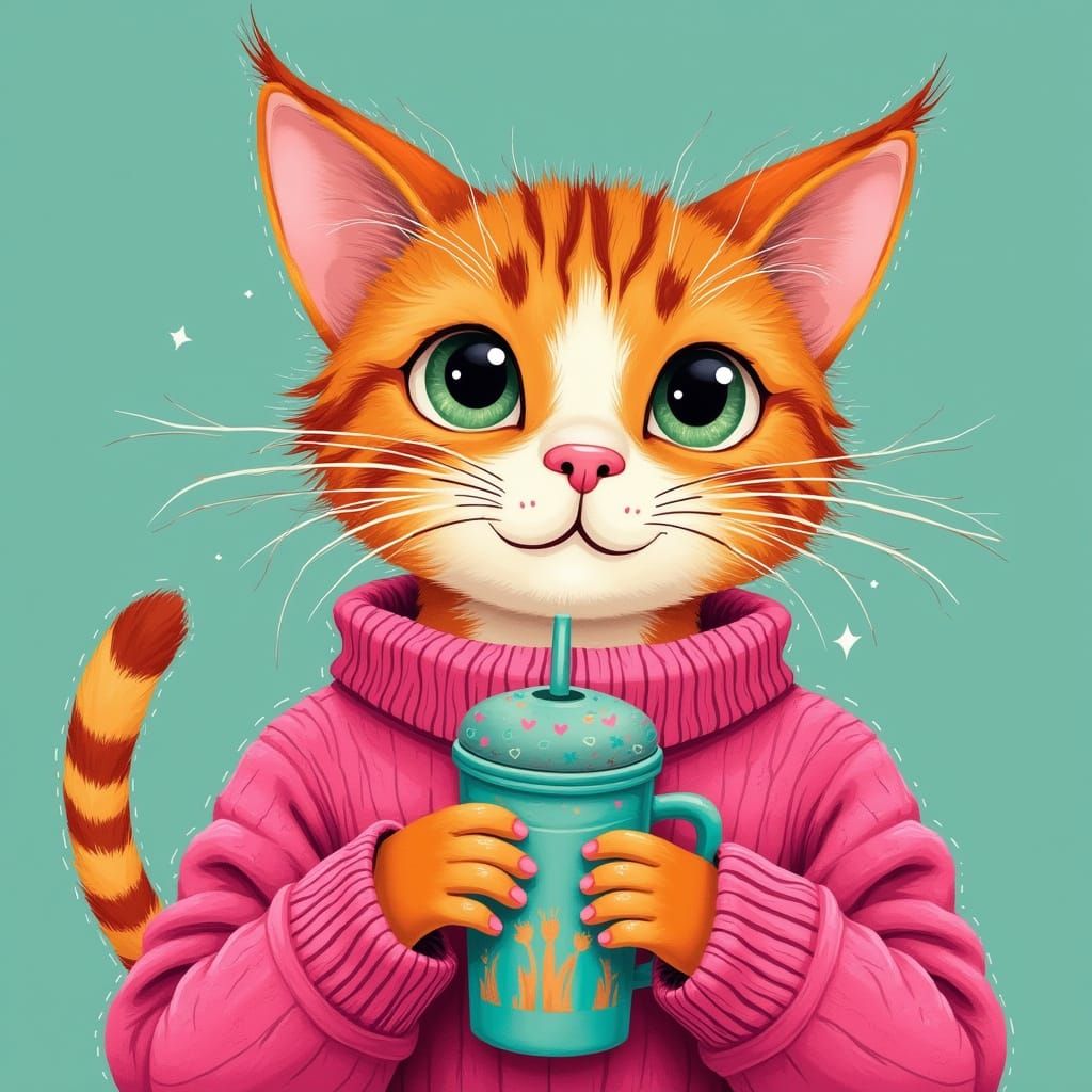 Whimsical Feline in Bright Pink Sweater