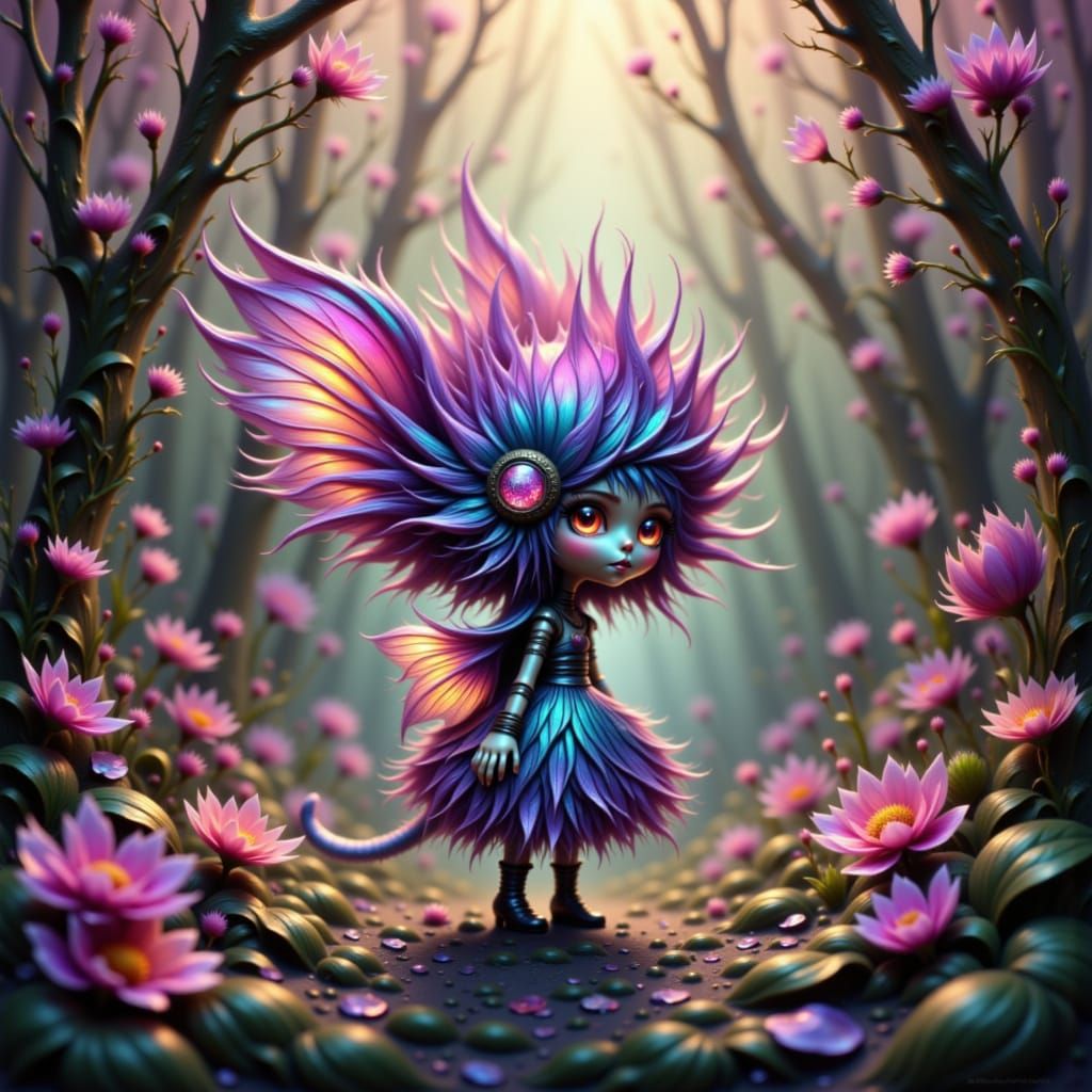 Cute Flower Creature in Bohemian Cyberpunk Fashion