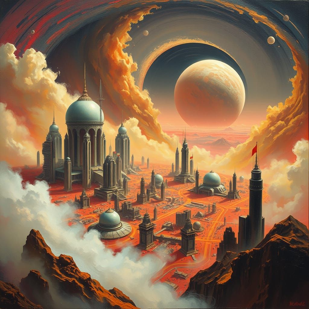 Venusian Metropolis in Futuristic Oil Painting Style