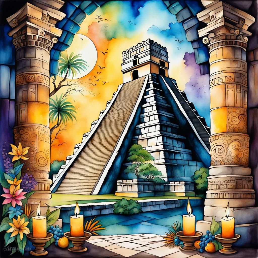 Chichen Itza Dreamscape: Cel-Shaded Watercolor Masterpiece