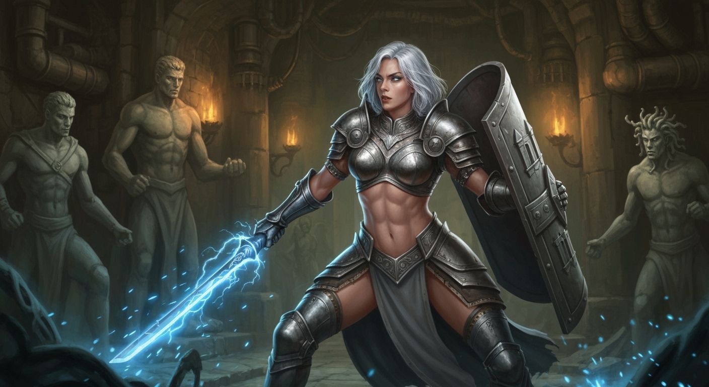 Aasimar Paladin Battles Medusa in Sci-Fi Dungeon
