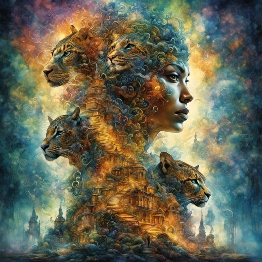 Ibeji Twins Jaguar Priestesses: Digital Watercolor Illustrat...