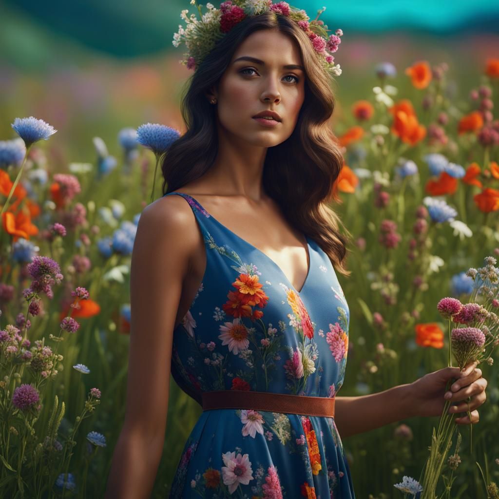 French Woman in Floral Meadow: Digital Matte Painting