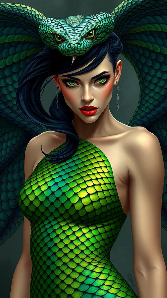 Serpent Woman with Emerald Scales in Surreal Style