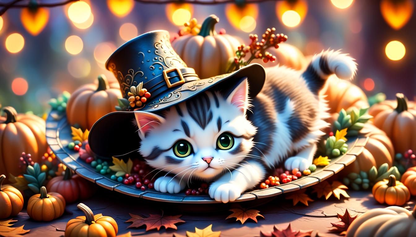 Thanksgiving Pilgrim Kitten in Chibi Style