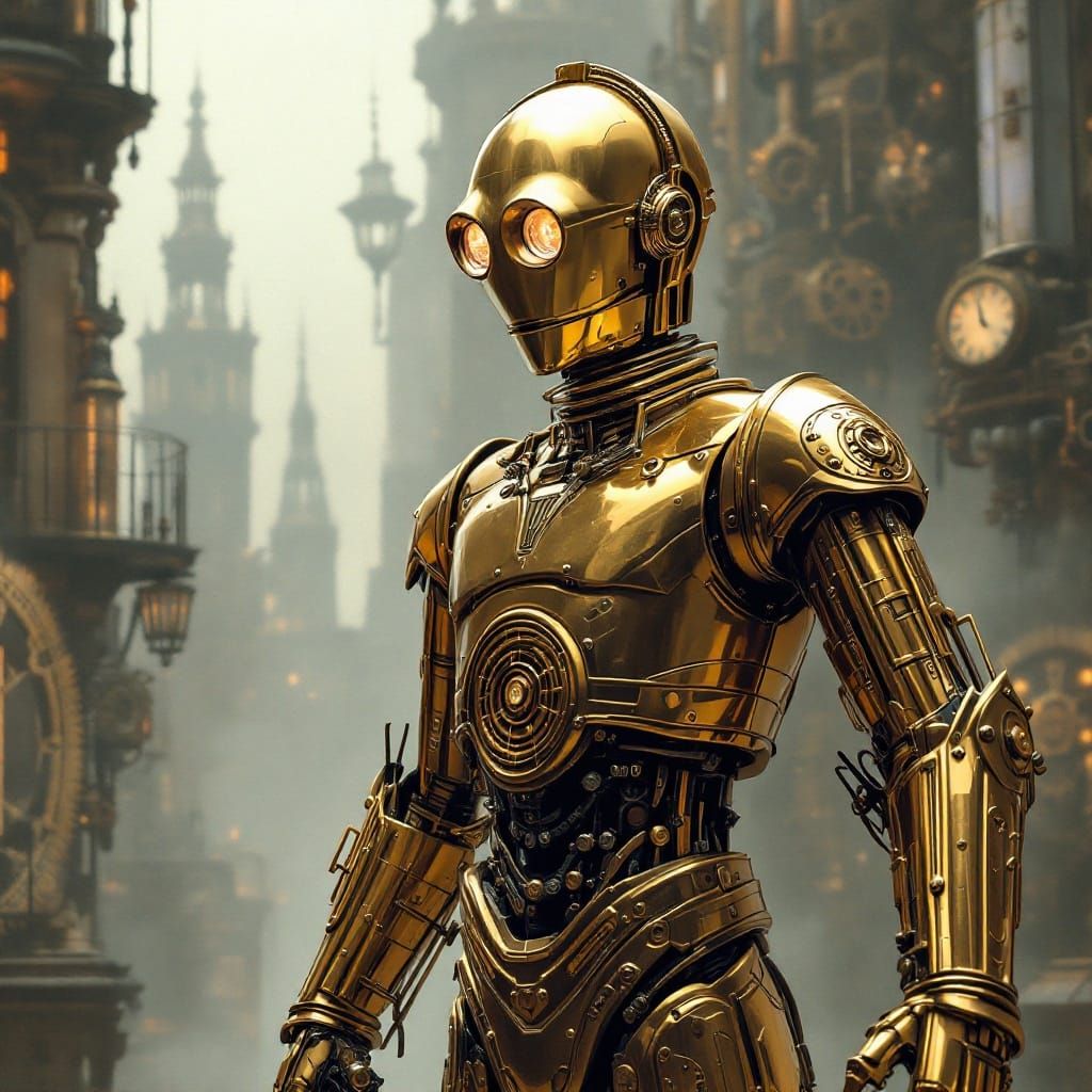 Golden Steampunk Protocol Droid in Victorian Cityscape