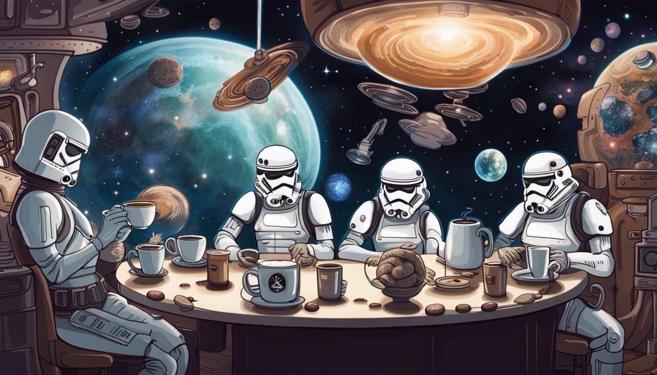 Cosmic Coffee Shop in Space Station with Aliens