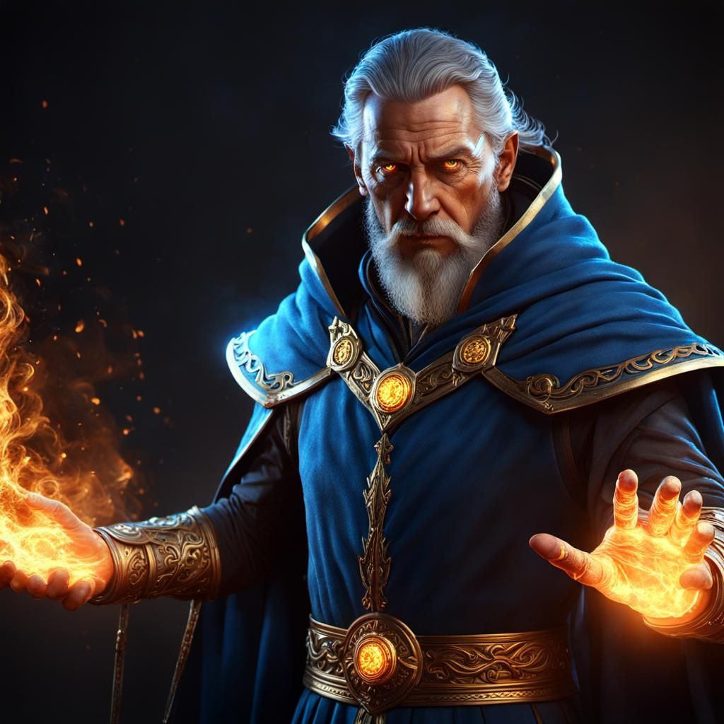 Powerful Wizard Conjuring Fire, Hyperrealistic Fantasy Art
