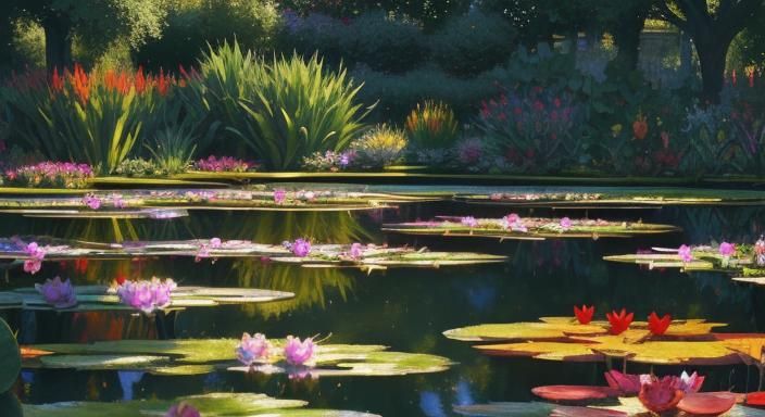 Impressionist Garden Pond in Vivid Colors