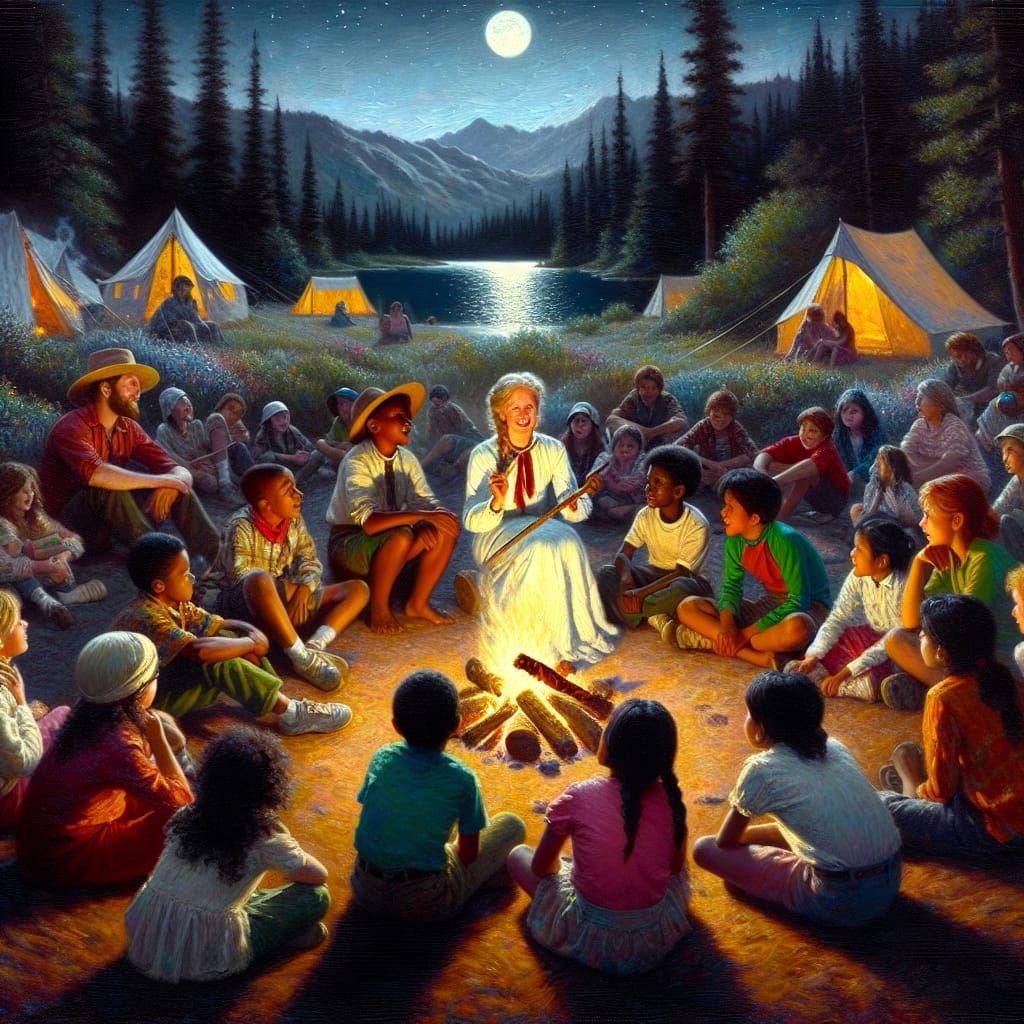 Impressionistic Summer Camp Night Scene with Campfire