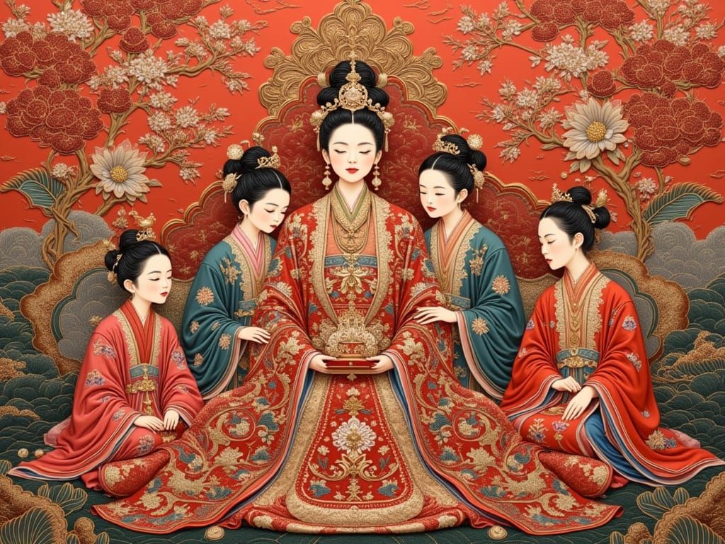 Chinese Empress with Children in Elaborate Silk Apartments