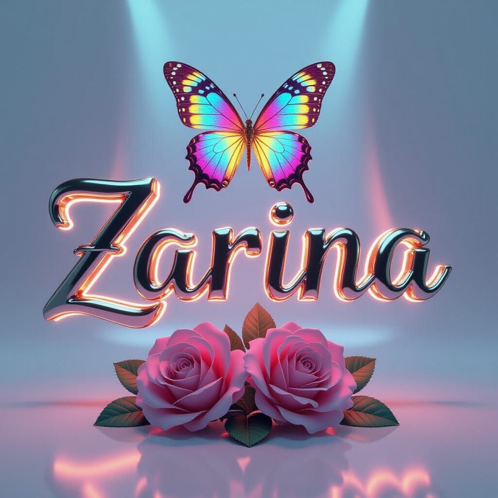 Zarina 3D Metallic Typography with Neon Lights & Butterfly