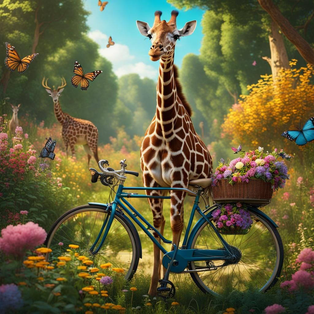 Giraffe on Bike in Sunny Forest, Digital Art